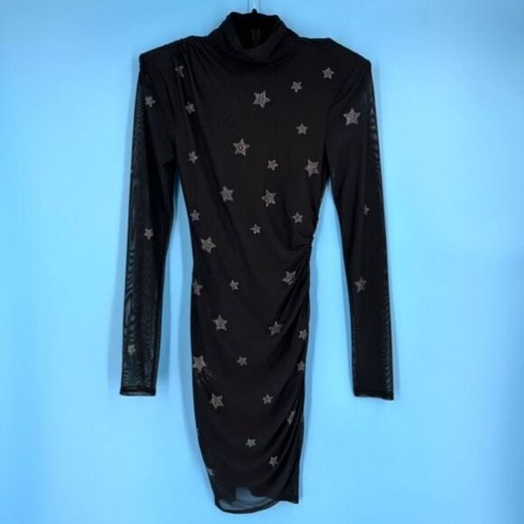 Cinq à Sept Women's Marlene Rhinestone Star Shirred Mesh Mini Dress Black Size 4 - Picture 5 of 14